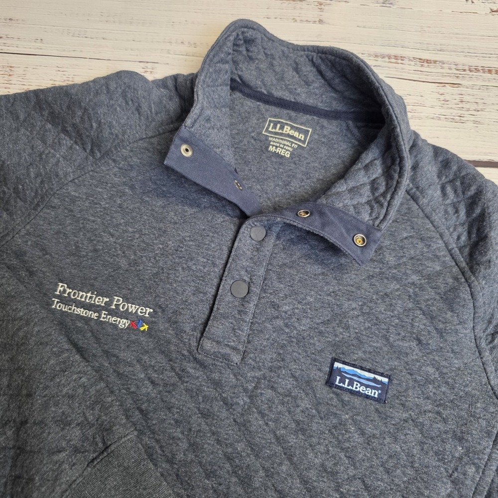 LL Bean Mens Medium Quilted Mockneck Sweatshirt Pullover Snap Collar Blue Logo